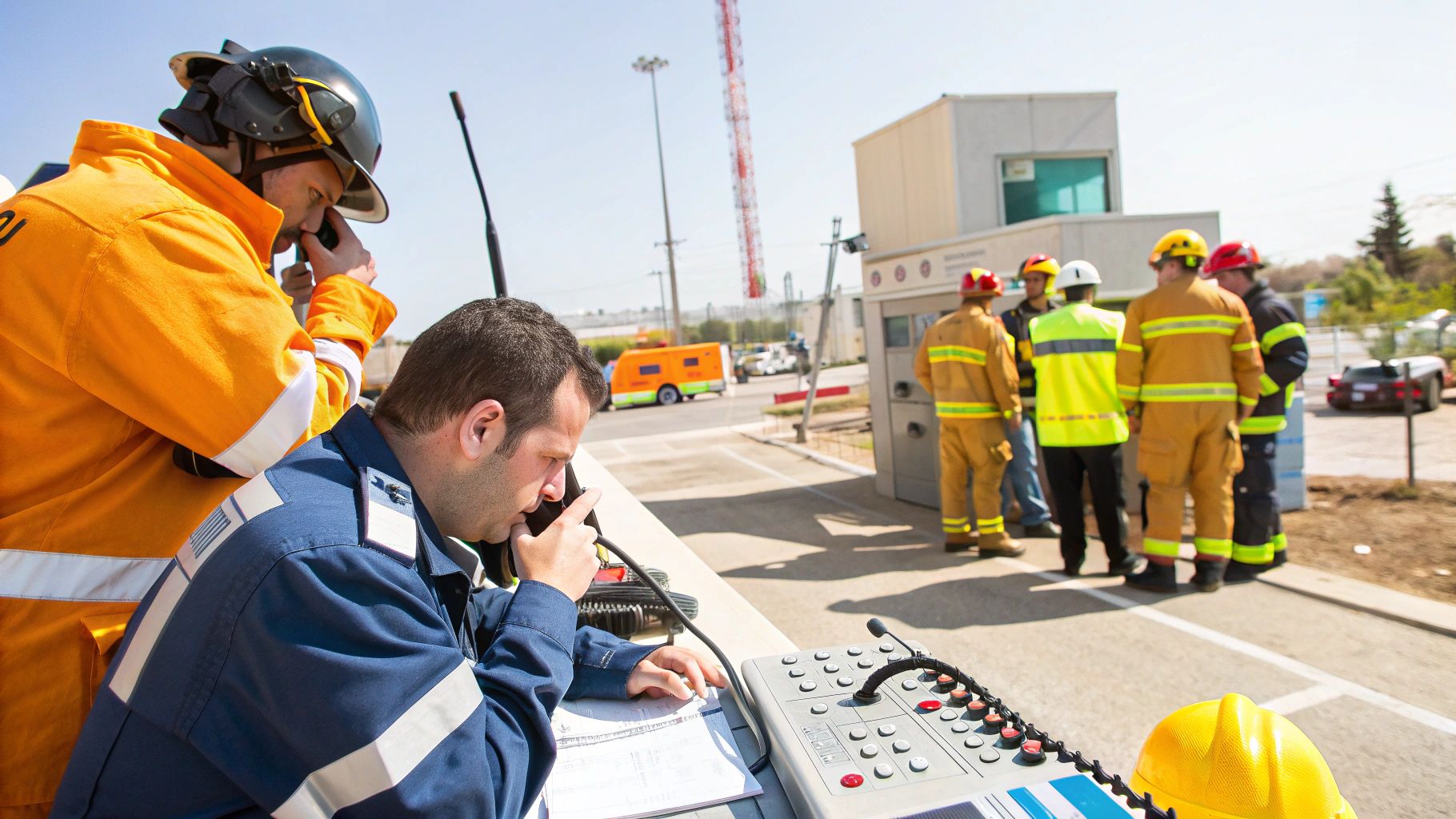 אנשי חירום מתקשרים ומנהלים אירוע, חלקם לובשים מדים וקסדות מגן.