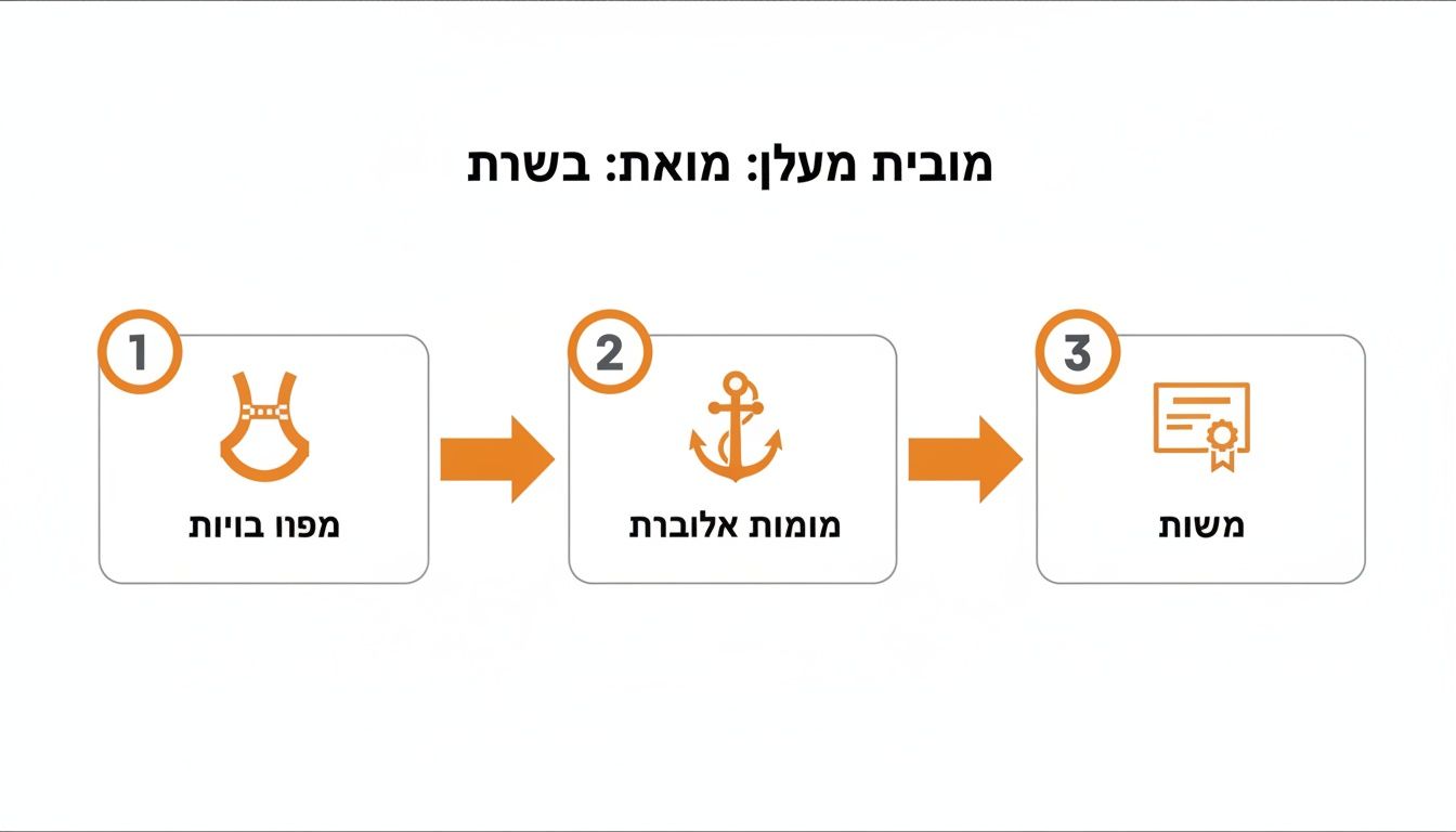 תהליך בטיחות לעבודה בגובה: 1. מפרט רתמת בטיחות. 2. התקנת נקודות עיגון על ידי מומחים. 3. אישור מערכת הבטיחות.