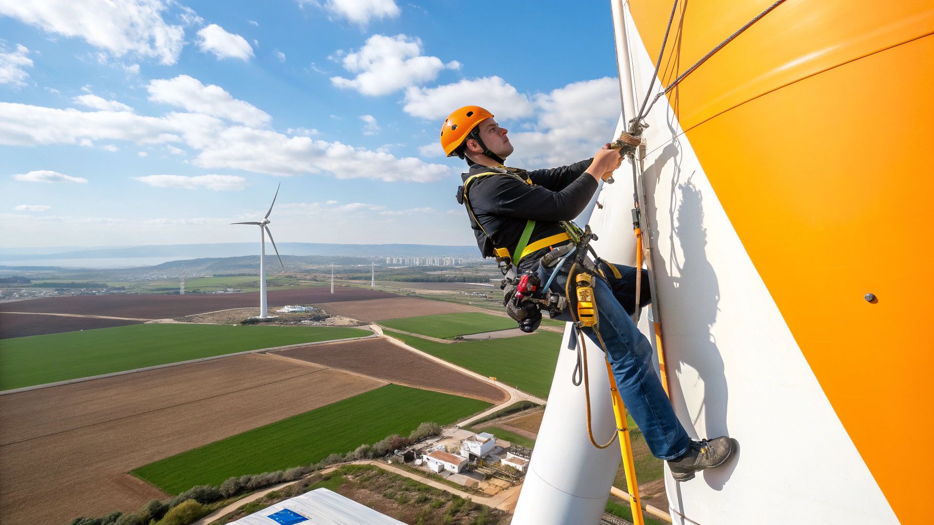 טכנאי בציוד בטיחות עובד על דופן טורבינת רוח ענקית, עם שדות ירוקים וטורבינות נוספות ברקע.