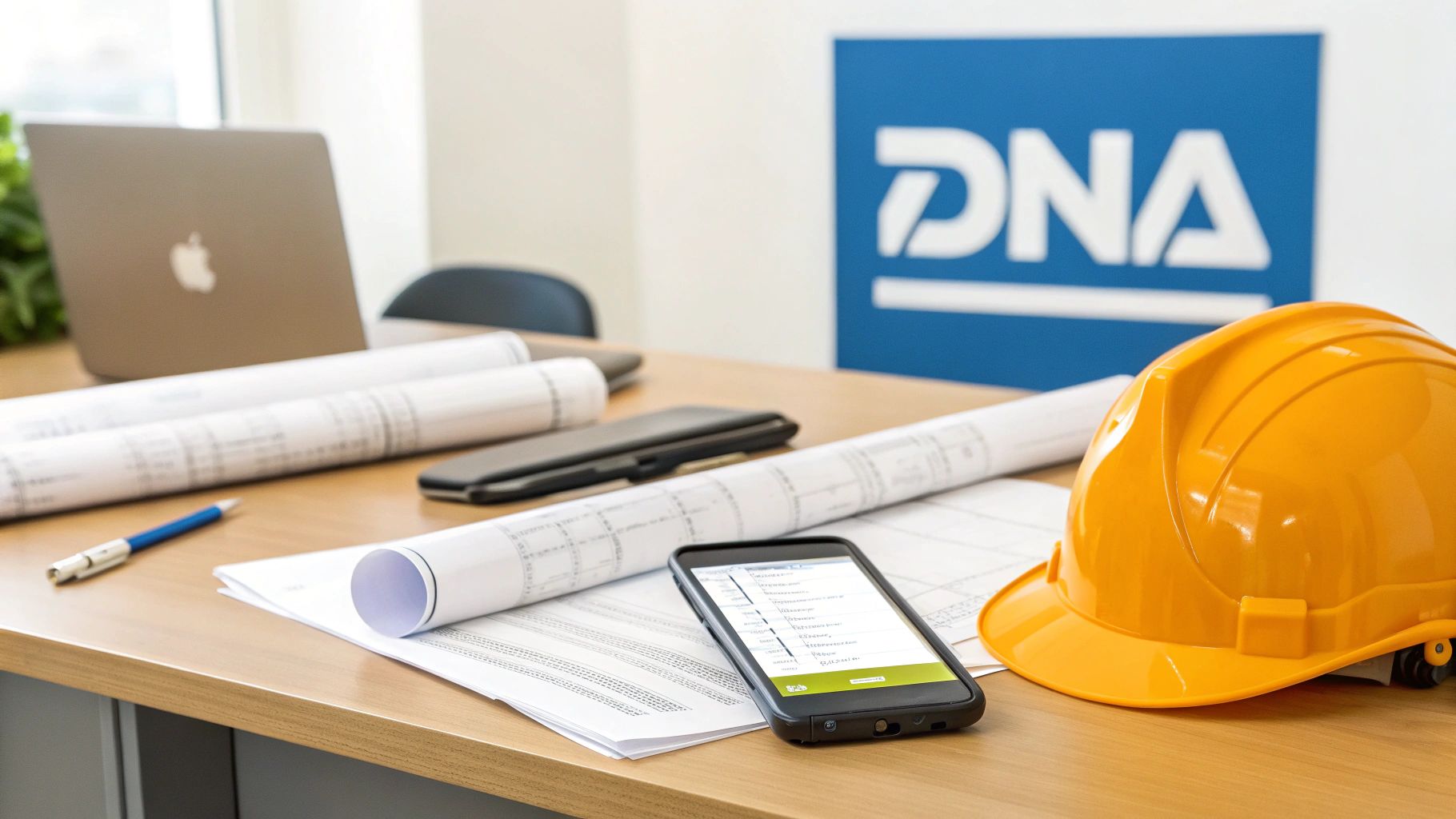 שולחן עבודה עם קסדת בטיחות כתומה, תוכניות בנייה, סמארטפון, מחשב נייד ושלט DNA כחול ברקע.