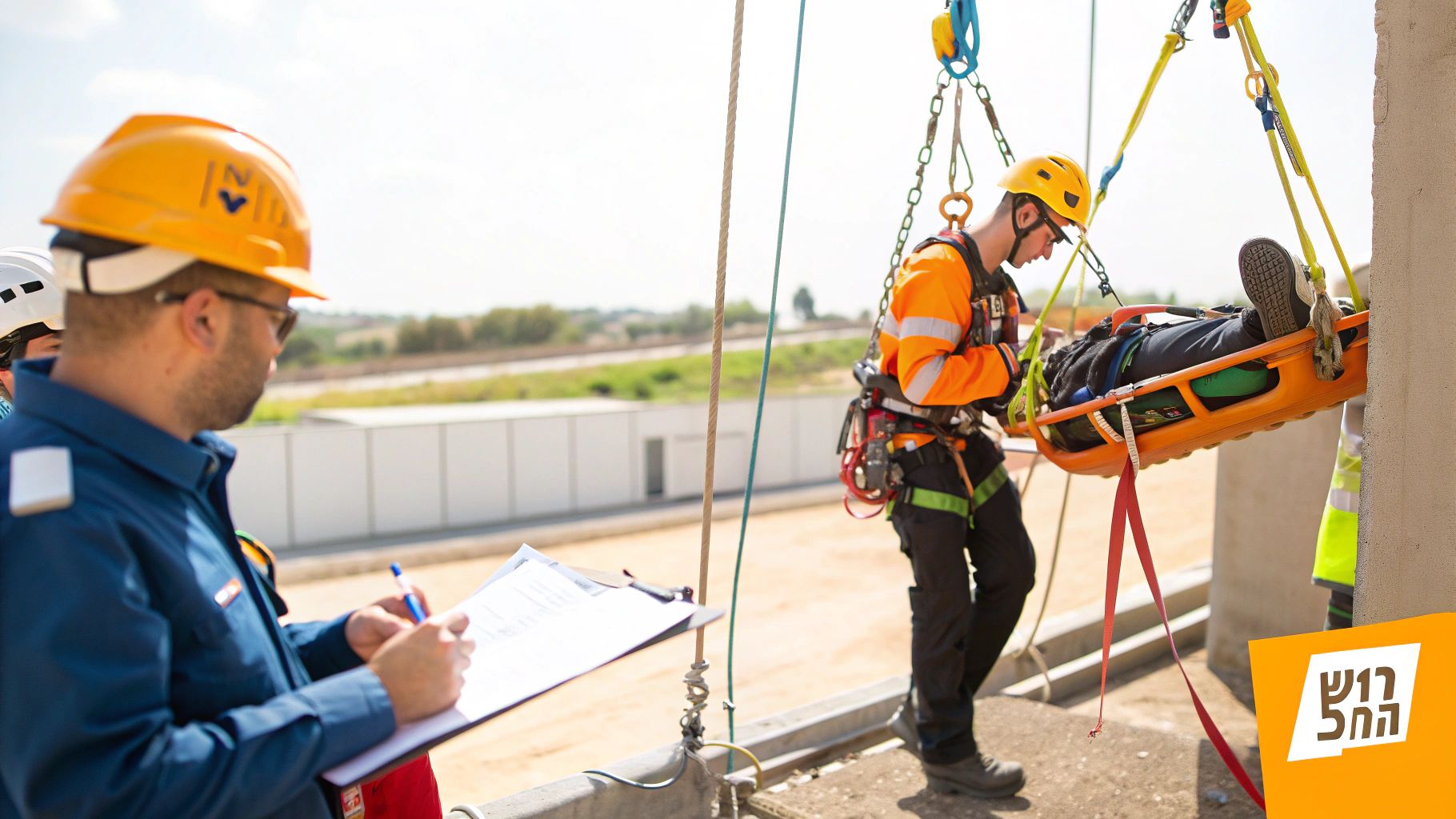 אימון חילוץ תגובה: אנשי בטיחות מתרגלים חילוץ נפגע באלונקה עם חבלים.