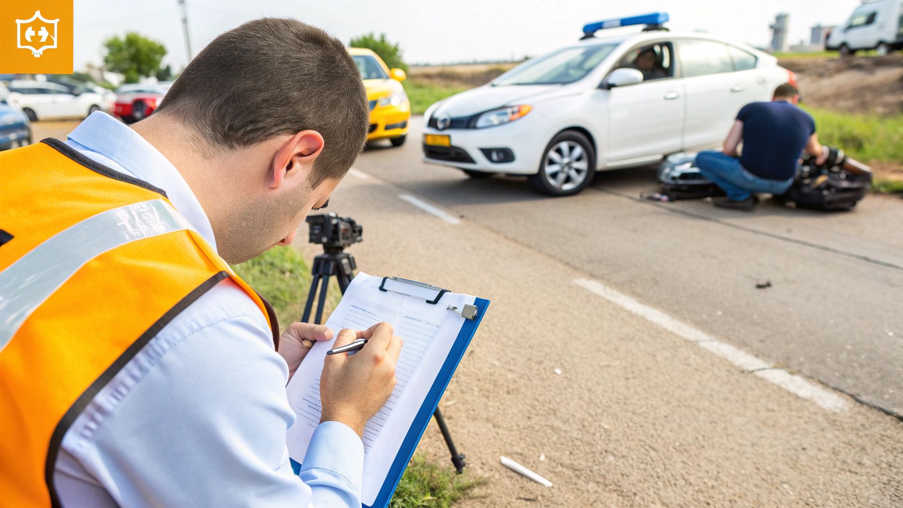 גבר בווסט זוהר ממלא טפסים בזירת תאונת דרכים, עם ניידת משטרה ומכוניות ברקע.