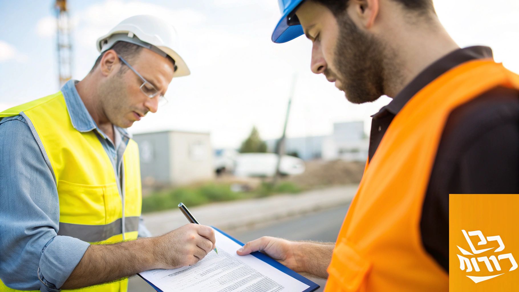 שני עובדי בניין באתר בנייה, אחד מהם, לבוש קסדה לבנה ווסט צהוב, חותם על מסמכים שמחזיק עמיתו.