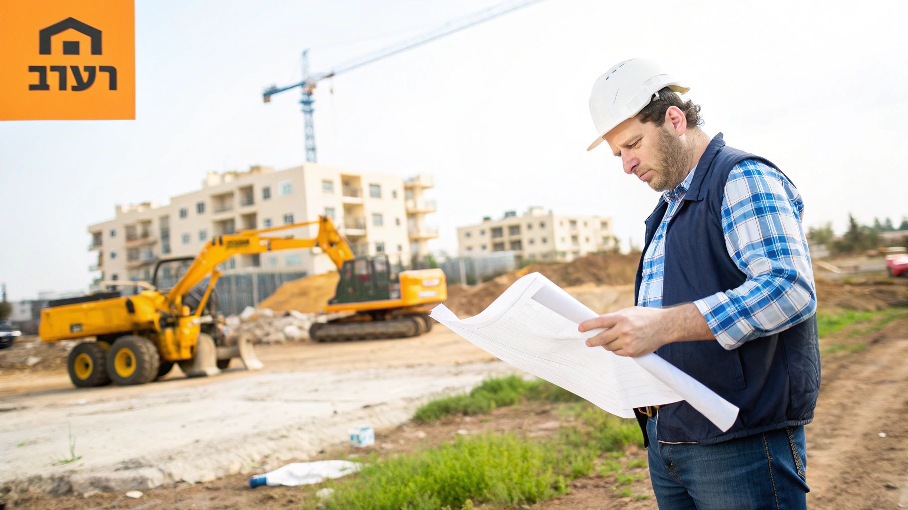 מהנדס באתר בנייה עם קסדה לבנה בודק תוכניות בנייה, עם ציוד כבד ובתים ברקע.
