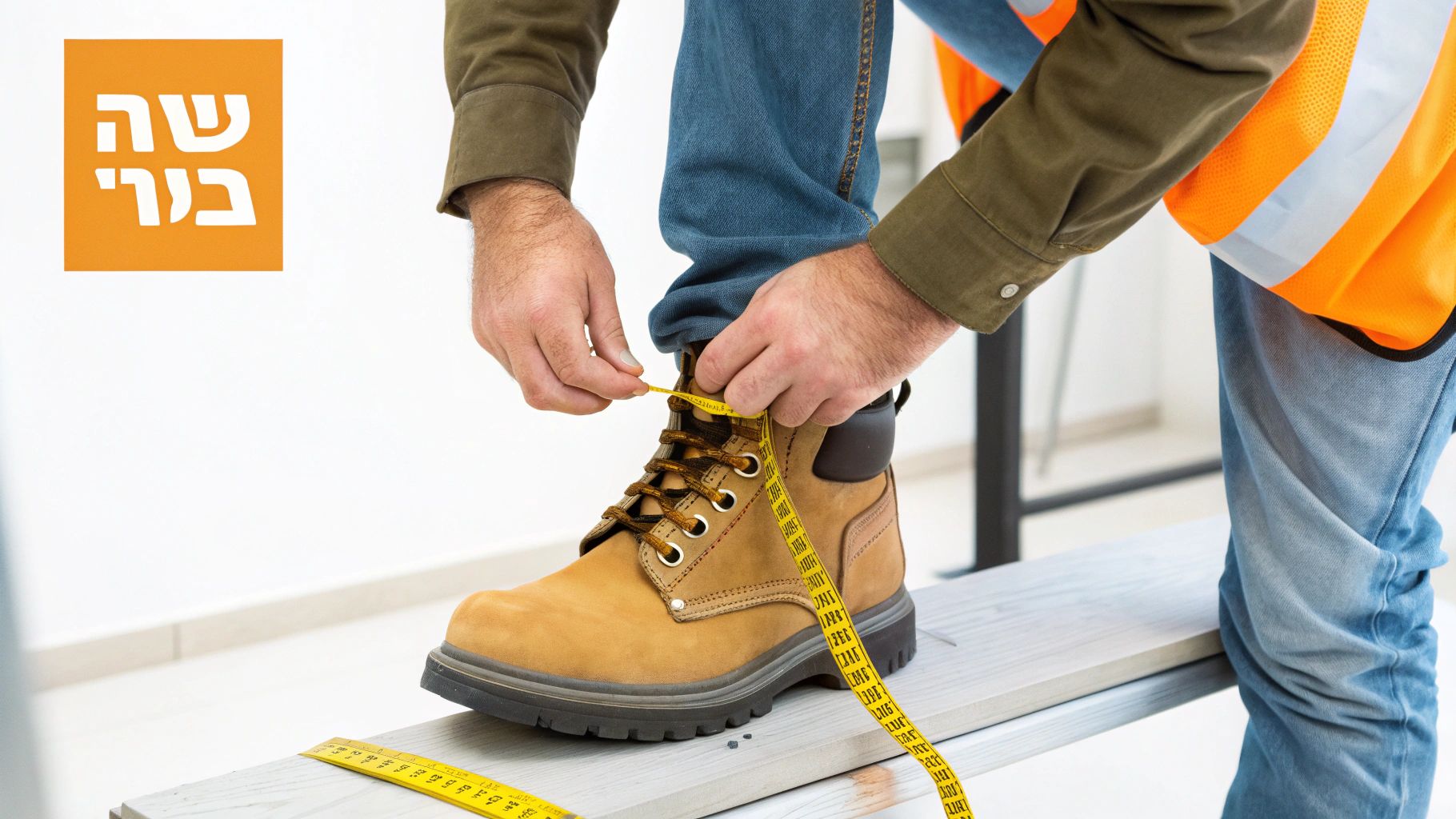 עובד בניין מודד נעל בטיחות חומה עם סרט מדידה צהוב, לובש ג'ינס ואפוד בטיחות.