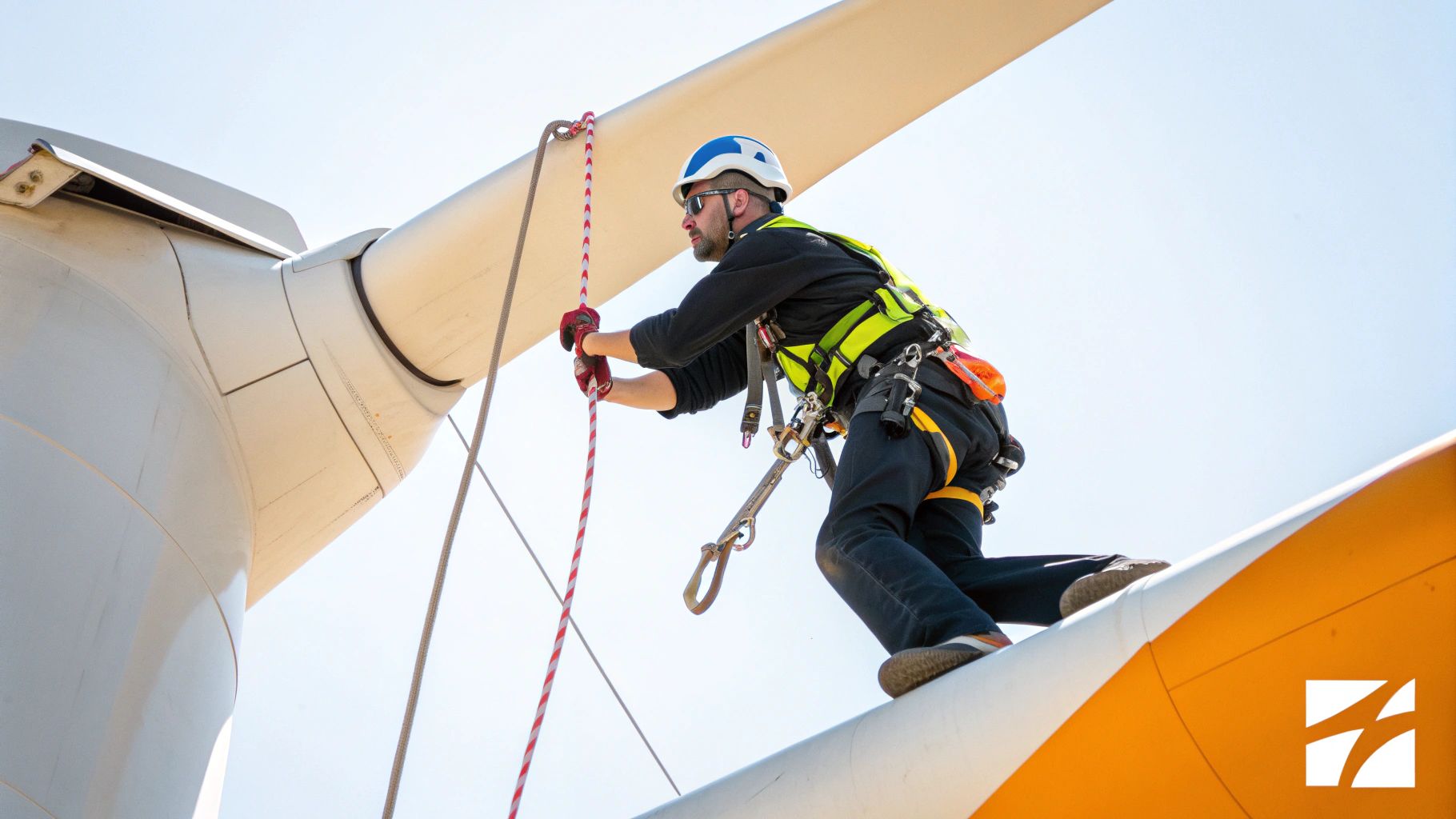 טכנאי לבוש ציוד בטיחות, כולל קסדה ורתמה, עובד על להב טורבינת רוח, מחזיק חבל על רקע שמיים בהירים.