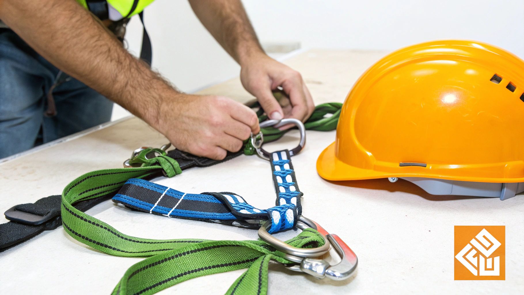 אדם מכוון רתמת בטיחות וקרבינות ליד קסדה כתומה, מתכונן לעבודה בטוחה בגובה.