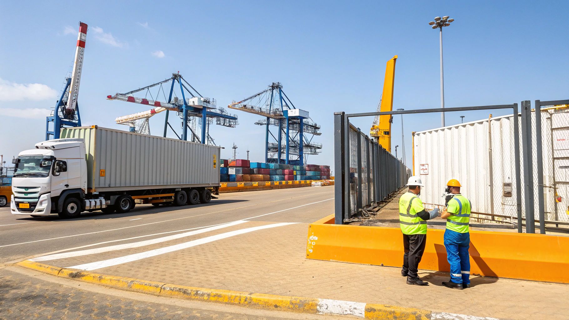 פעילות ענפה בנמל עם משאית מכולות, עגורני ענק ועובדי נמל בבגדי בטיחות.