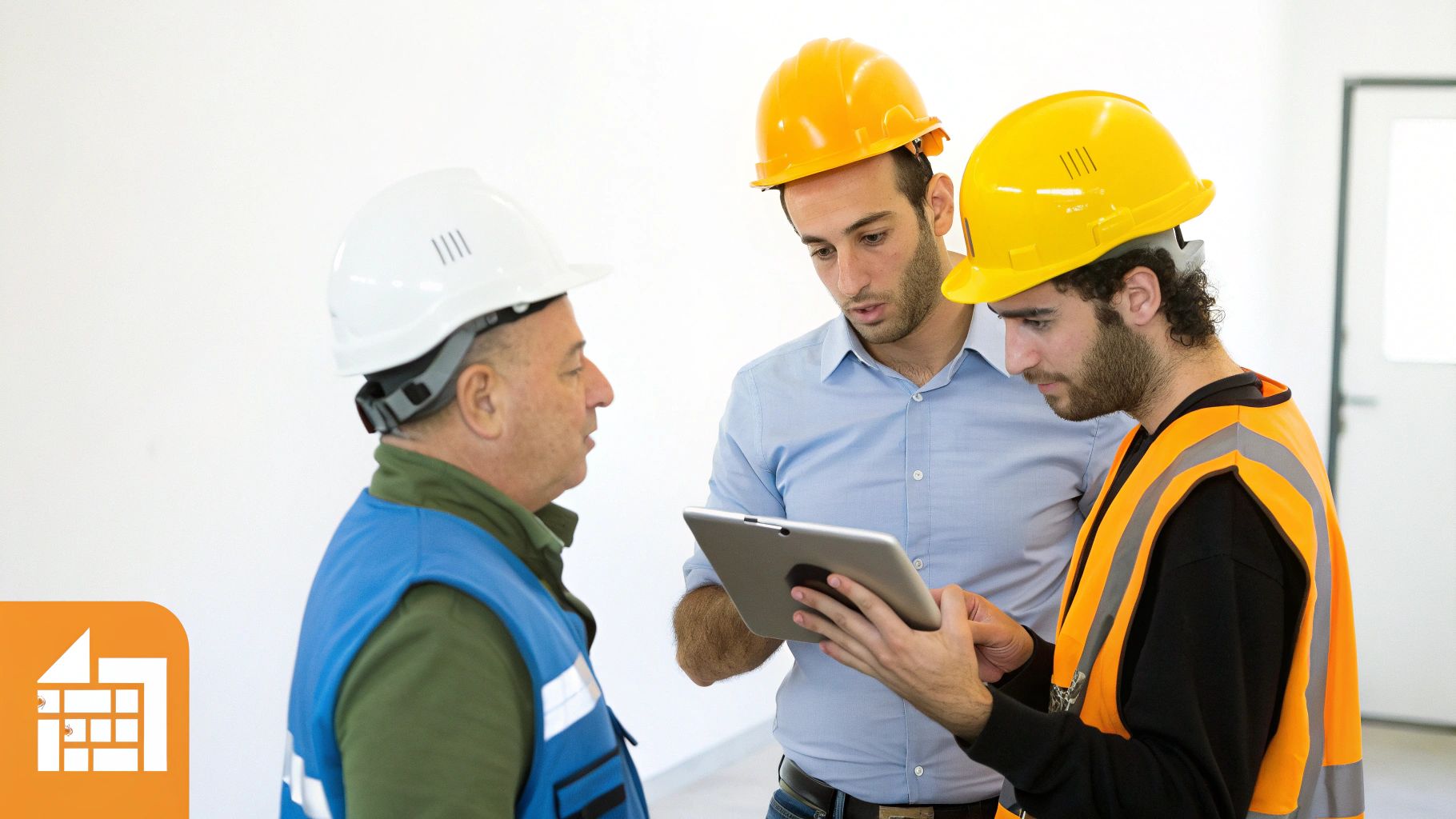 שלושה עובדי בניין או מהנדסים עם קסדות באתר בנייה, בוחנים טאבלט ודנים בתכניות עבודה.
