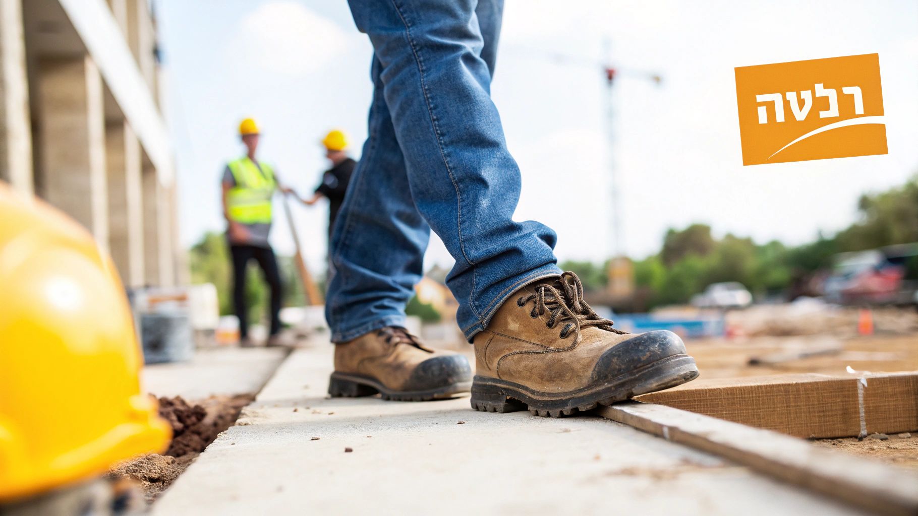 אדם נועל מגפי עבודה וג'ינס באתר בנייה עם עובדים נוספים ברקע, כובע בטיחות צהוב בחזית.