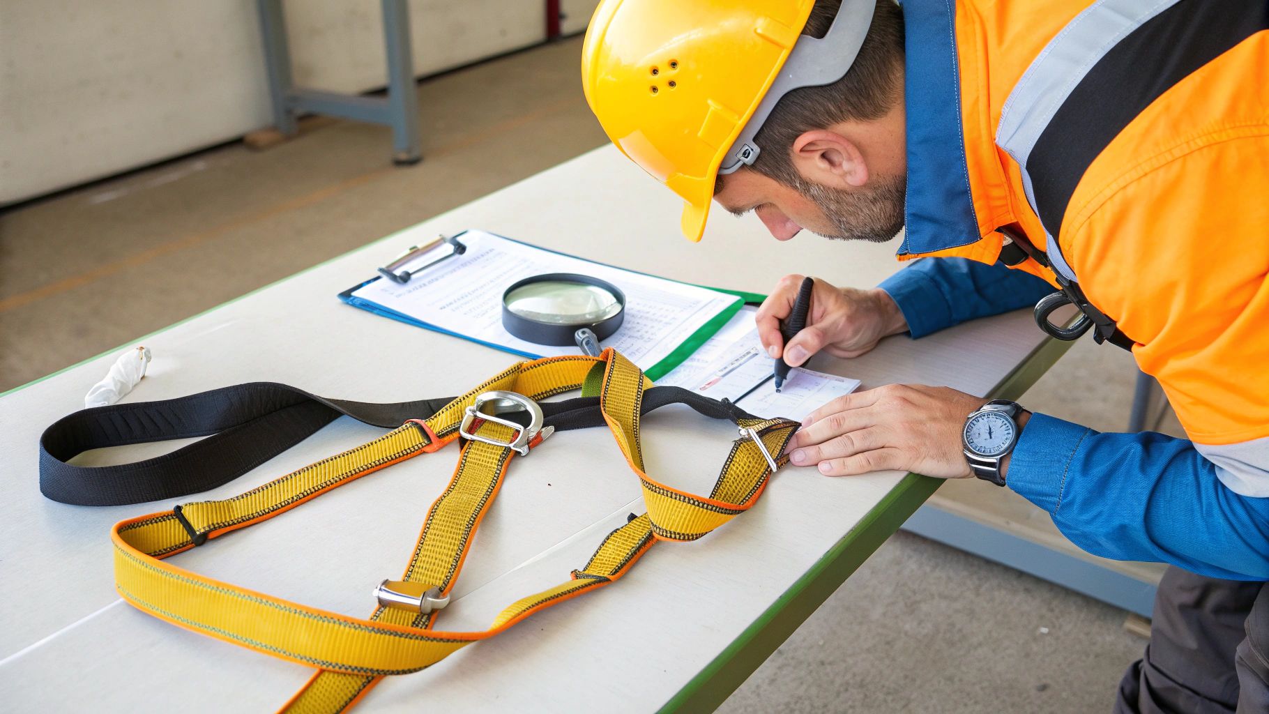 בודק בטיחות עם קסדה וווסט זוהר בוחן רתמת בטיחות לעבודה בגובה על שולחן, כותב במסמך.