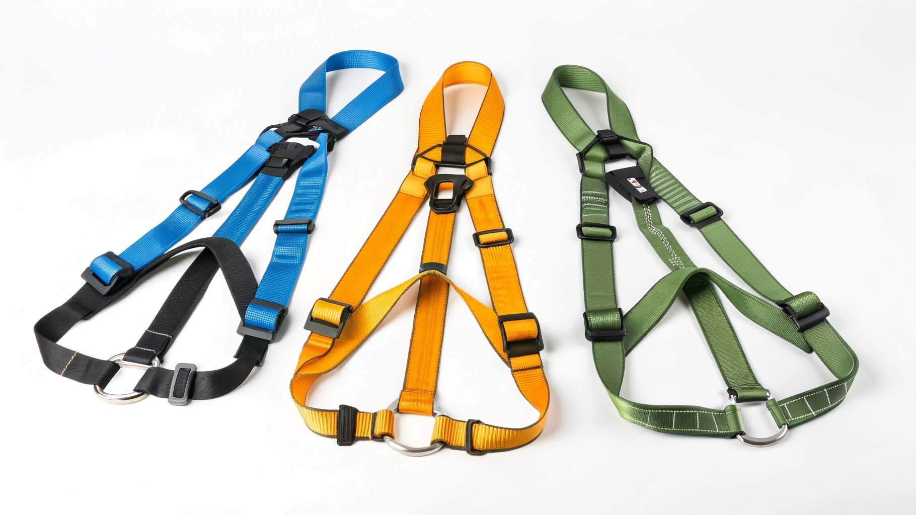 שלוש רתמות בטיחות לעבודה בגובה בצבע כחול, כתום וירוק, מונחות על רקע לבן.