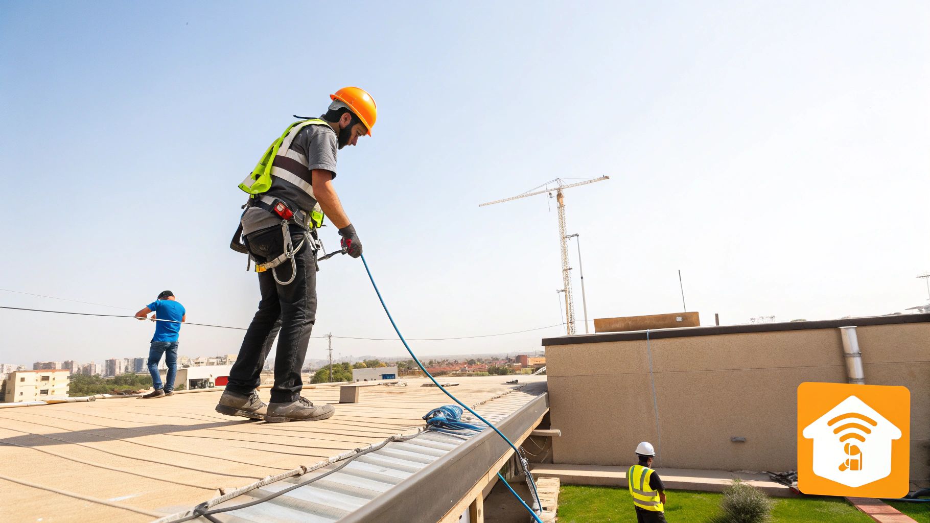 שני עובדי בניין עם קסדות ורתמות בטיחות על גג, עם חבלים ומנוף ברקע אתר בנייה.