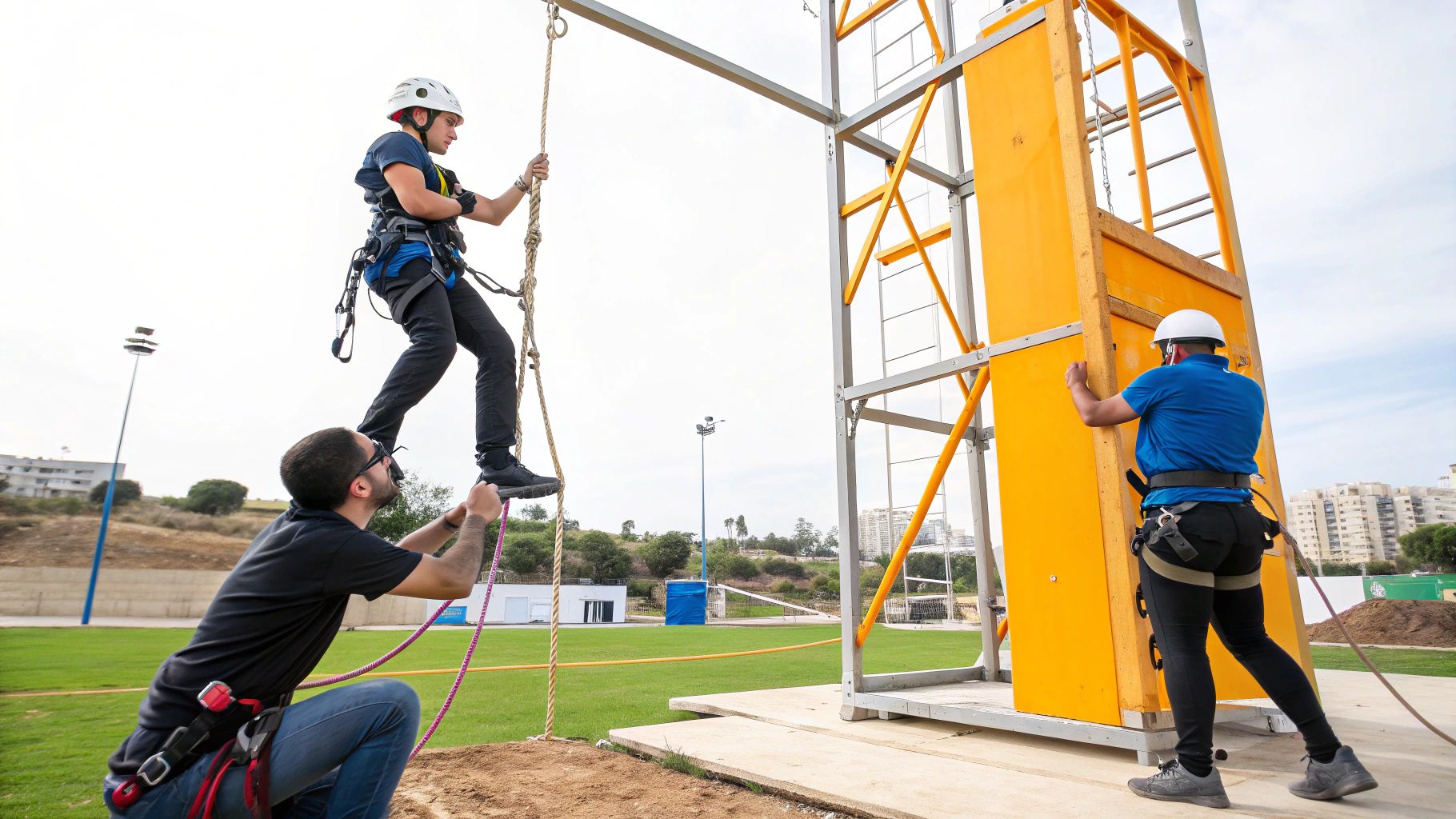 שלושה גברים מתאמנים בעבודה בתגובות. אחד מטפס על חבל, אחד מסייע לו, ואחד ליד מבנה צהוב.