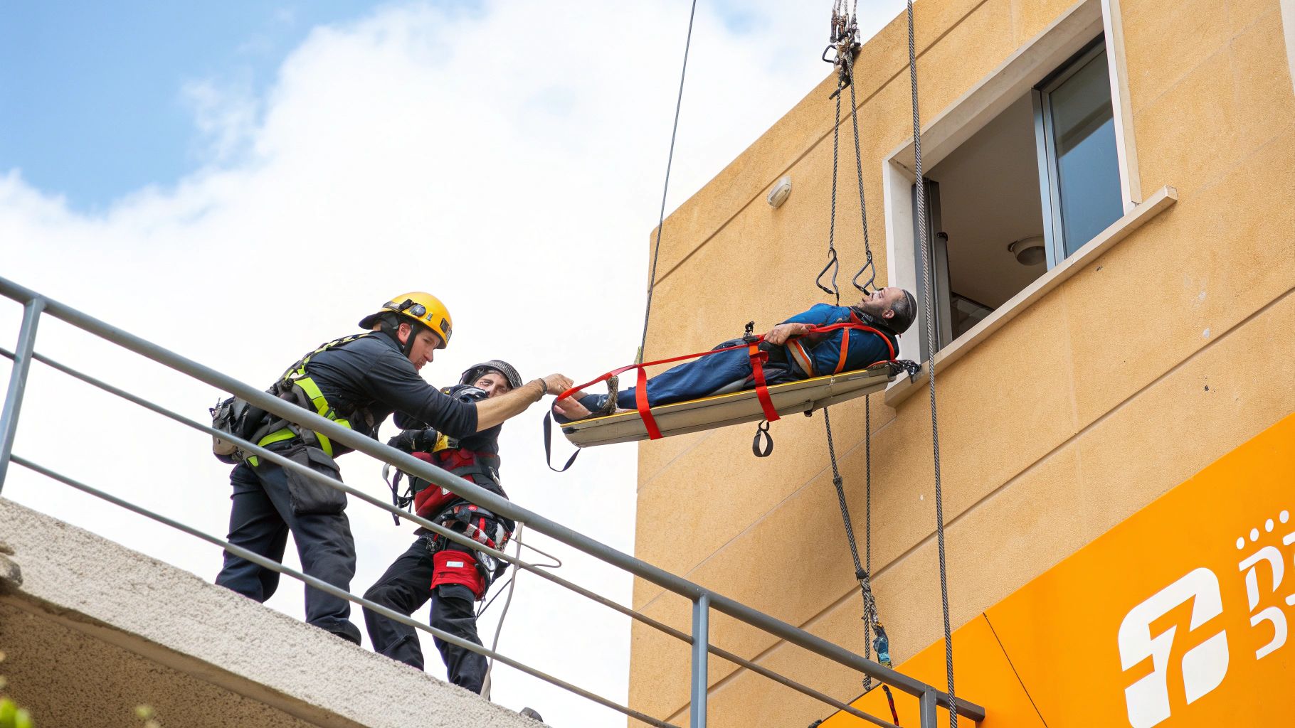 שני מחלצים עומדים על מרפסת ומורידים אדם על אלונקה ממבנה גבוה, בתרגיל חילוץ באמצעות חבלים.
