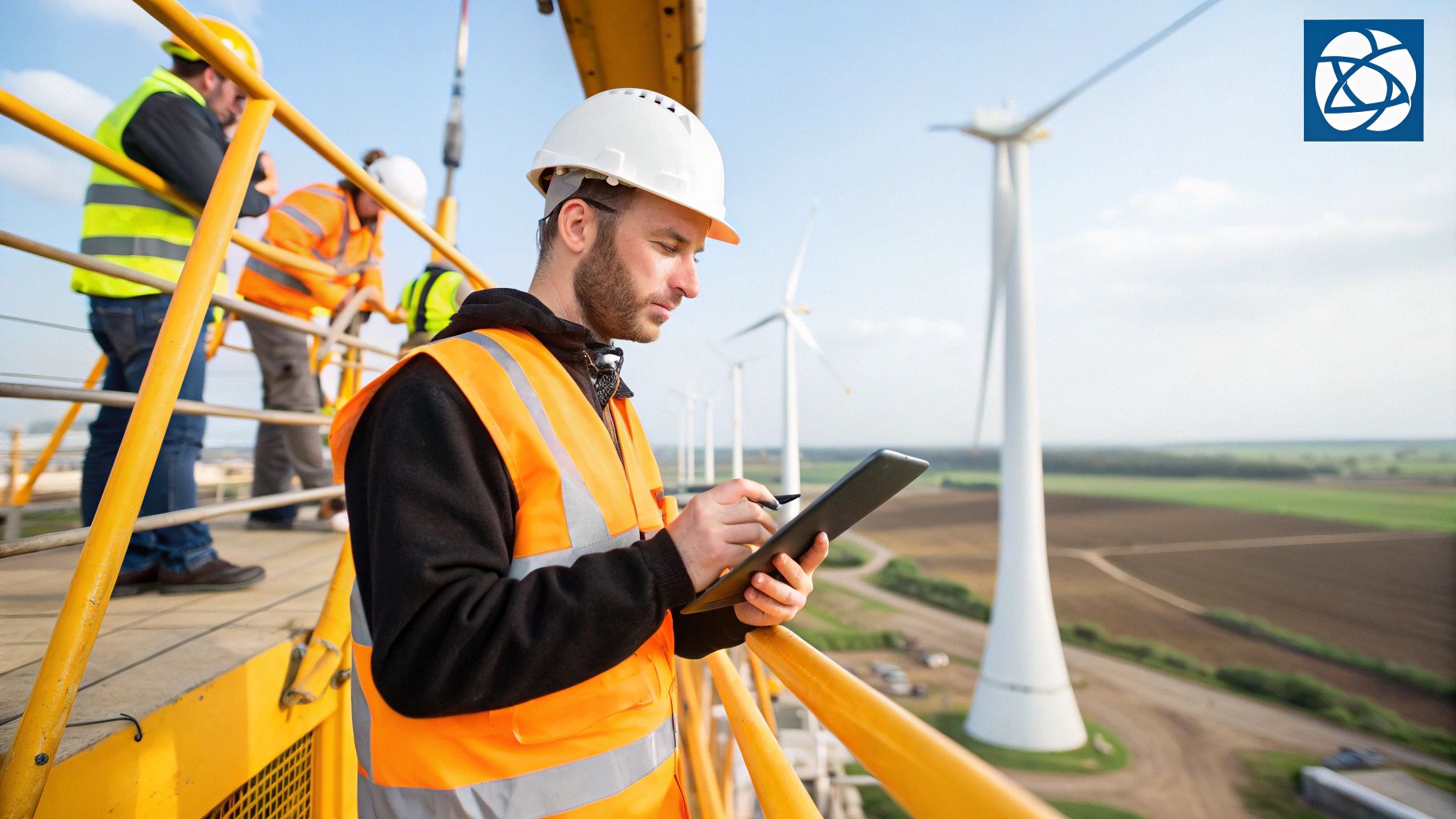 מהנדס בטיחות בודק נתונים בטאבלט באתר טורבינות רוח, עם עובדים נוספים ברקע.