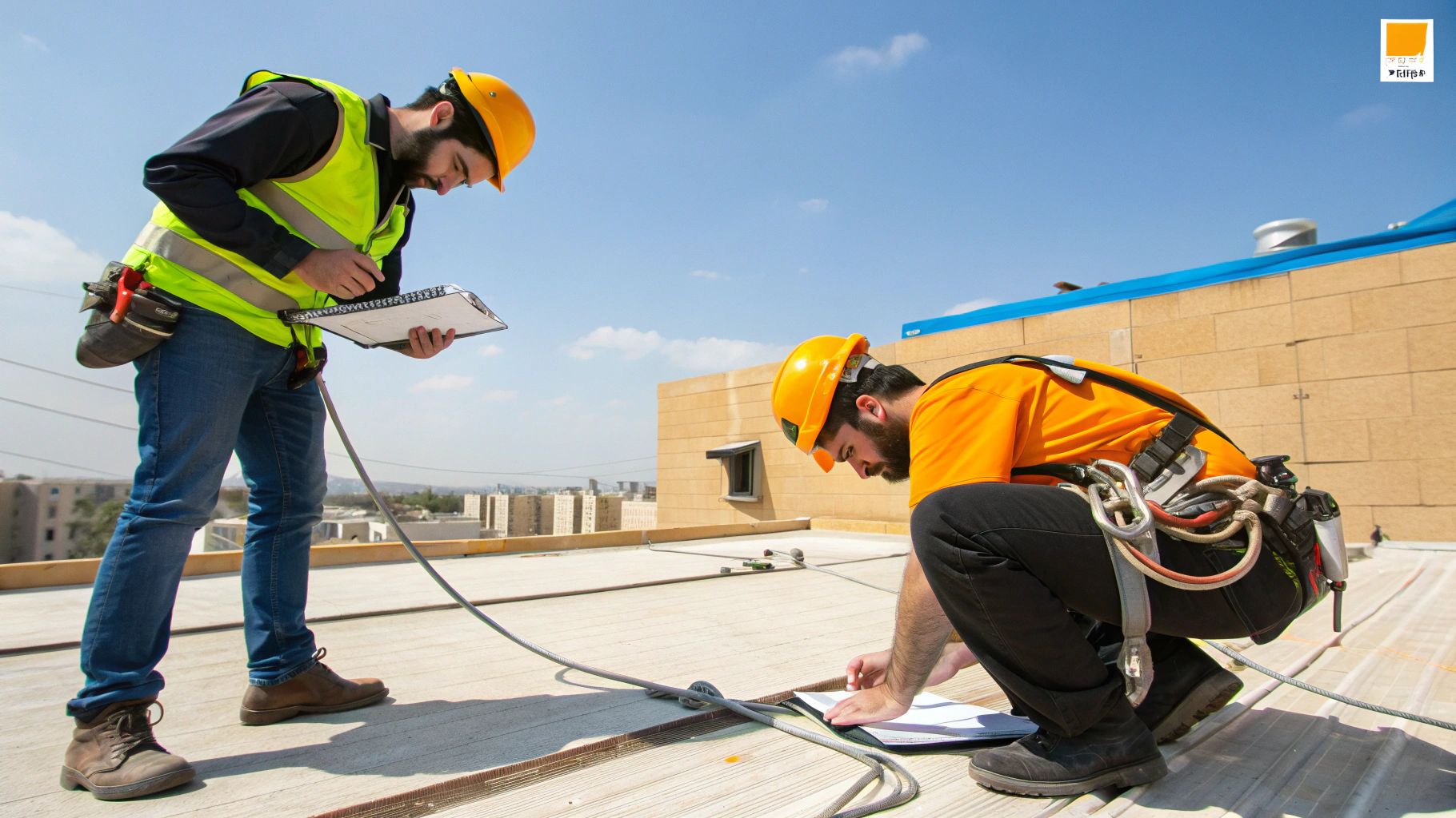 שני פועלי בניין עם קסדות וציוד בטיחות תוכניות בודקים על גג בניין.