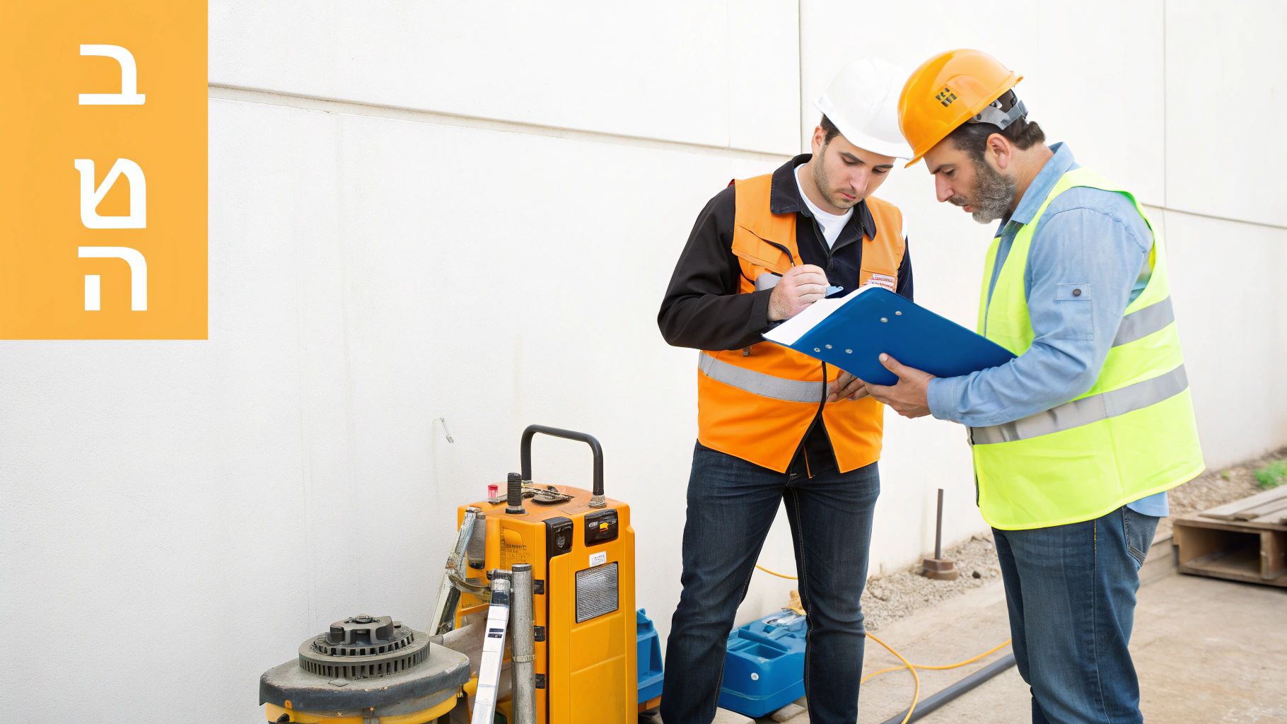 שני פועלי בניין או מפקחים עם קסדות וווסטים, בוחנים מסמכים באתר בנייה.