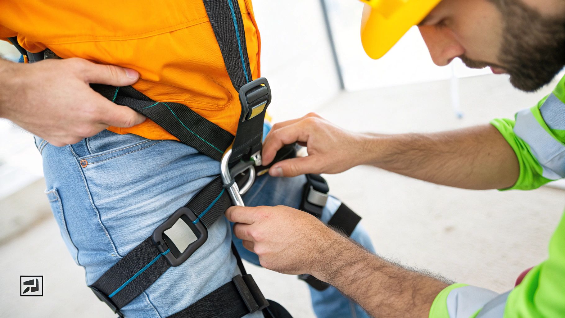 עובד עם קסדת מגן וווסט נצנץ מסייע לעובד אחר לחגור רתמת בטיחות לעבודה בתגובה.
