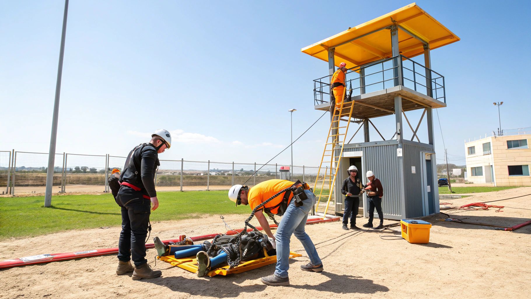 אנשי צוות באימון חילוץ בגובה, עוטים קסדות ורתמות, מתרגלים שימוש בציוד בטיחות וחבלים ליד מגדל צהוב.