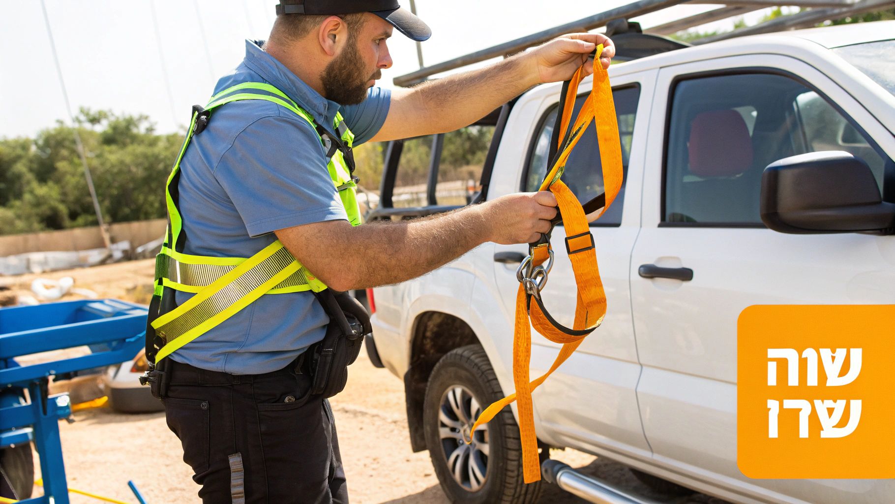 איש עבודה לובש אפוד בטיחות זוהר ומחזיק רתמת בטיחות כתומה, מתכונן לעבודה בגובה.