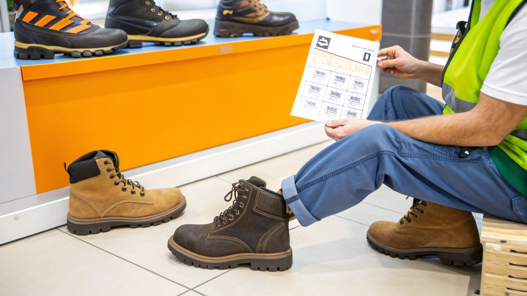 גבר יושב ובוחן מסמך, מודד נעלי עבודה שונות המוצגות על הרצפה ועל מדף כתום.