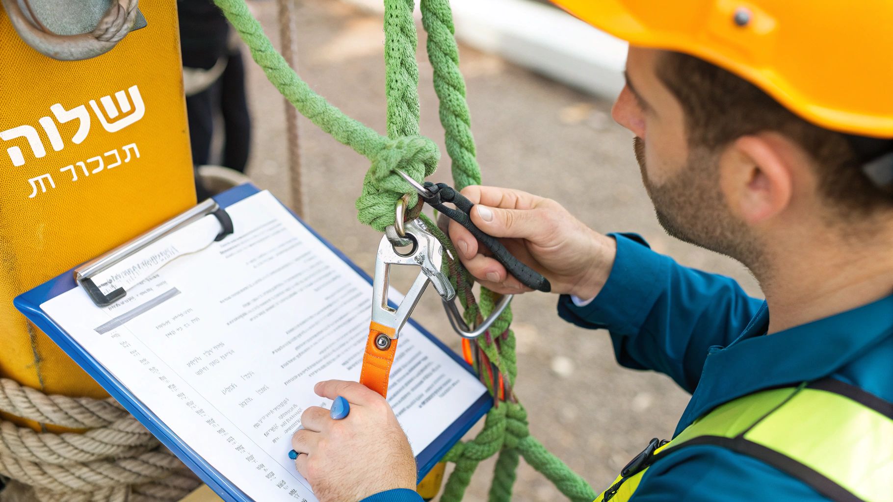 איש בטיחות בודק ציוד עבודה בגובה, עם חבלים, קלסר וקסדה.