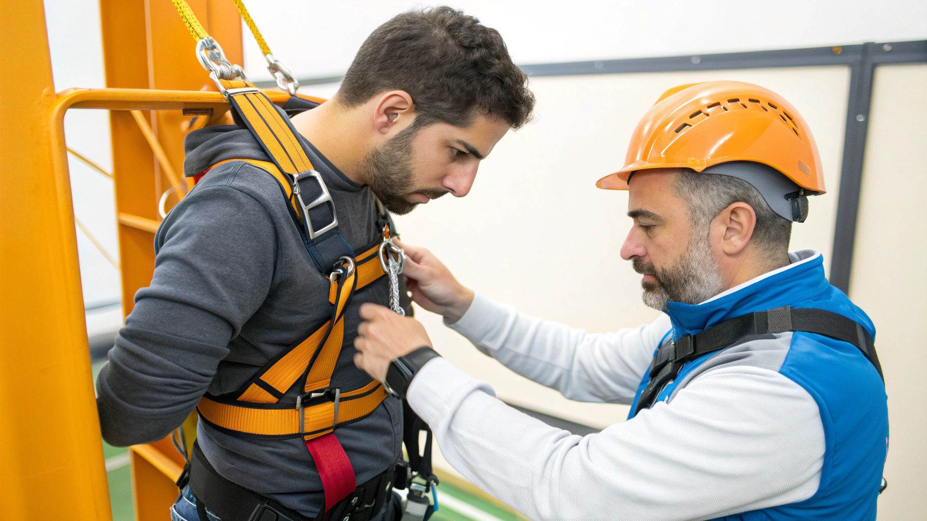 מדריך בטיחות עוזר לעובד לחגור רתמת בטיחות לפני עבודה בגובה.