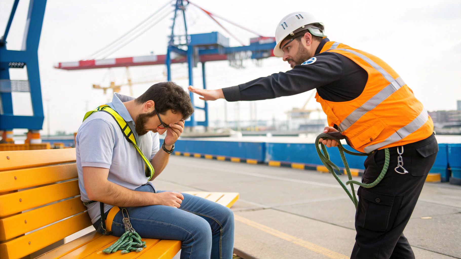 שני גברים באזור נמל תעשייתי. אחד יושב על ספסל ונראה מודאג, השני, לבוש ציוד בטיחות, מניח עליו יד מנחמת.