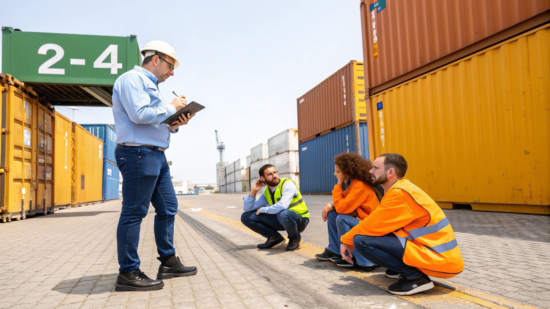 מנהל בטיחות בודק מסמכים בזמן ששלושה עובדי נמל מקשיבים לו בין מכולות שילוח.