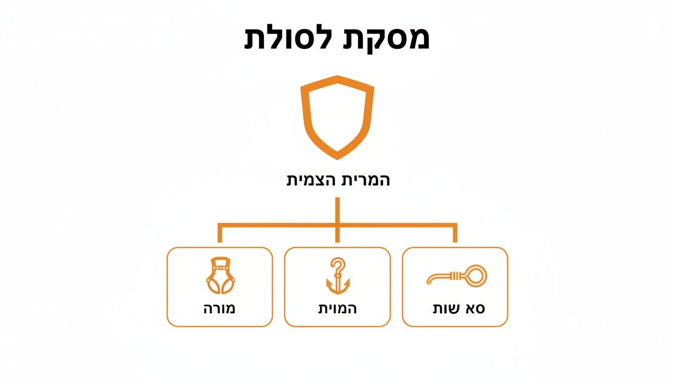 תרשים היררכי עם כותרת 'מסקת לסוללת', סמל מגן ו'המרת הצמית', המוביל לשלושה מושגים.