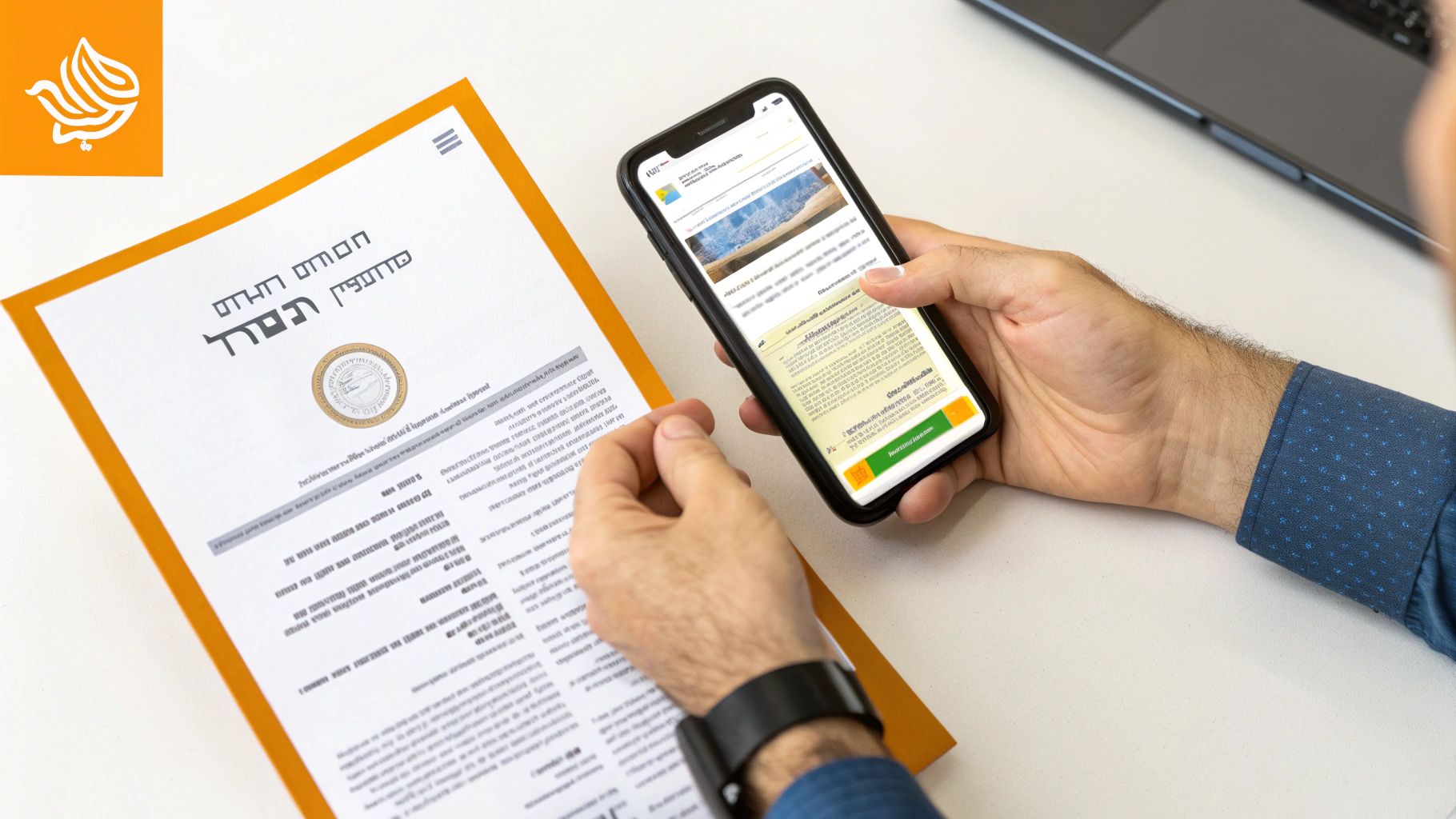 אדם בודק מסמך רשמי בטלפון חכם ועל נייר, עם חותם וטקסט בעברית על השולחן.