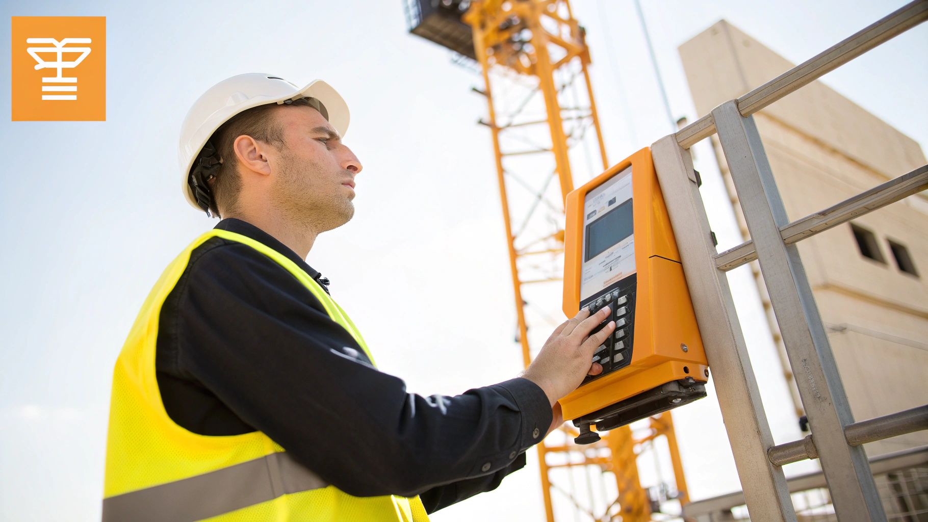 עובד בניין עם קסדה וווסט בטיחות מפעיל לוח בקרה באתר בנייה, עם מנוף ברקע.