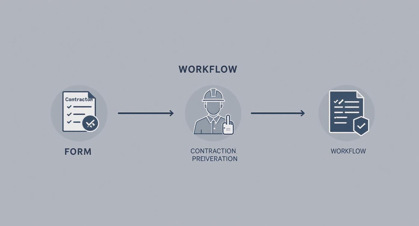 איור של תהליך עבודה הכולל טופס אישור, קבלן או מנהל עבודה ומסמך מאושר. זהו ייצוג ויזואלי של זרימת עבודה.