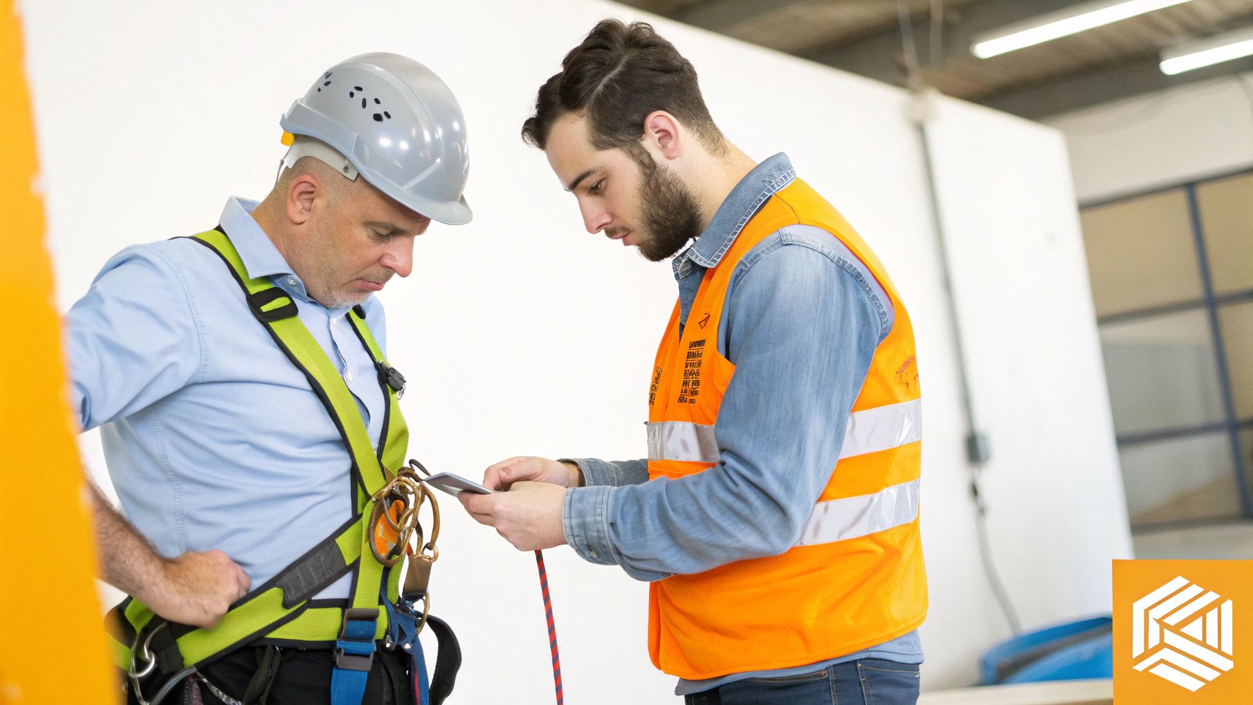 שני גברים, אחד עם קסדה ורתמת בטיחות, והשני עם אפוד זוהר, בודקים ציוד מגן אישי.