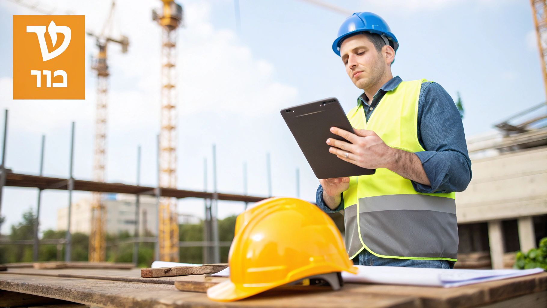 מנהל עבודה או מהנדס בניין בודק תוכניות על טאבלט באתר בנייה, עם קסדה וכלי עבודה.