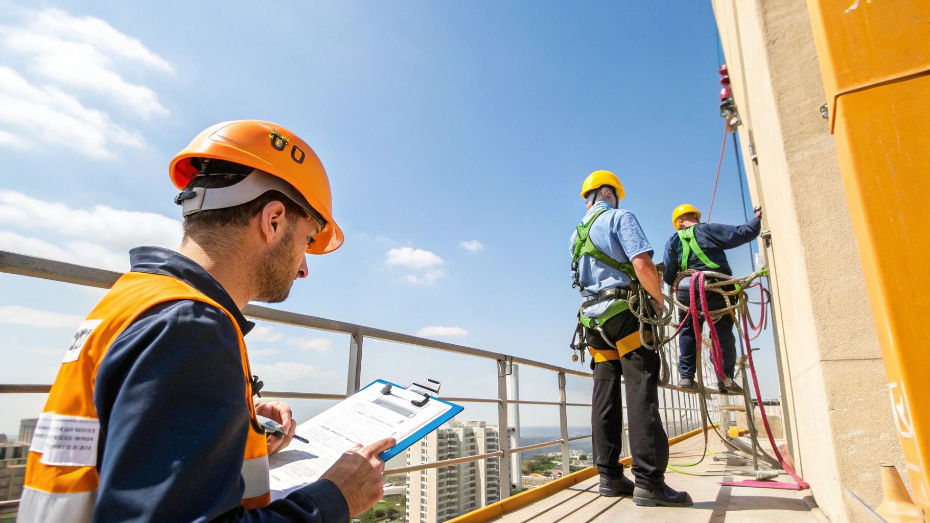 איש בטיחות עם קסדה כתומה בודק מסמכים, ושני עובדים עם רתמות בטיחות עובדים על בניין גבוה.