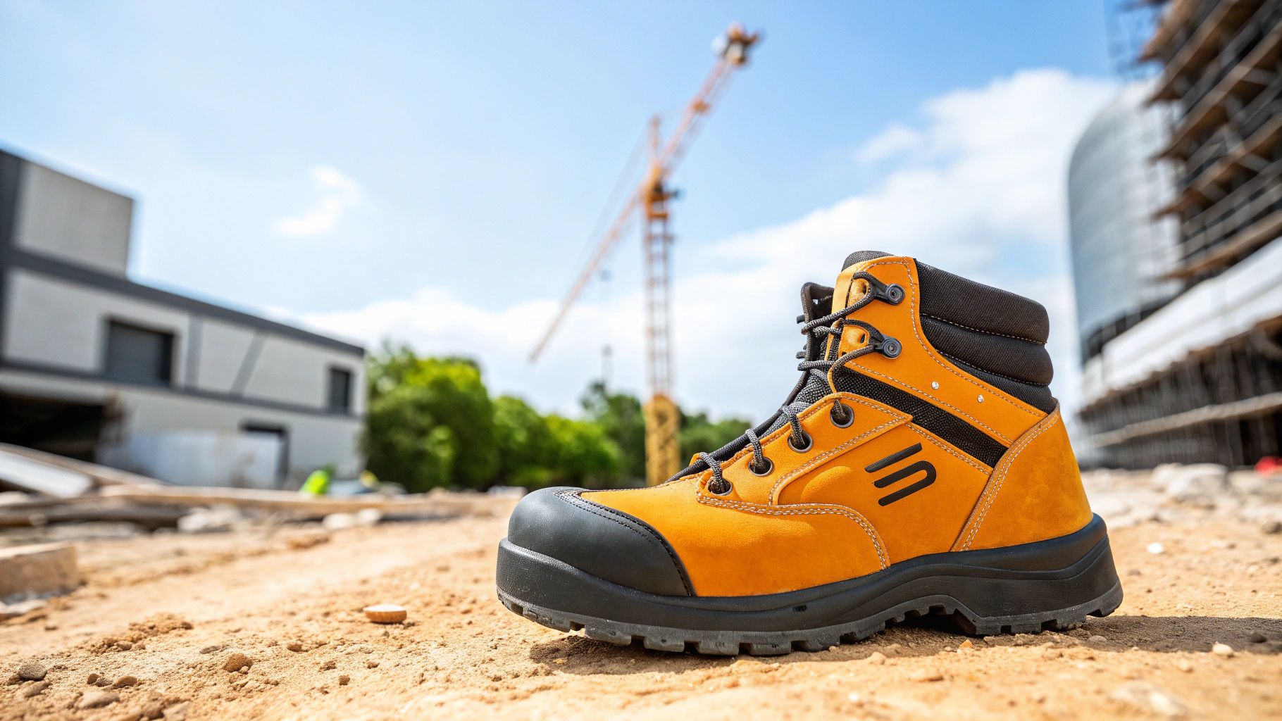 נעל בטיחות כתומה ושחורה על אדמה באתר בנייה, עם עגורן ומבנים ברקע תחת שמיים כחולים.