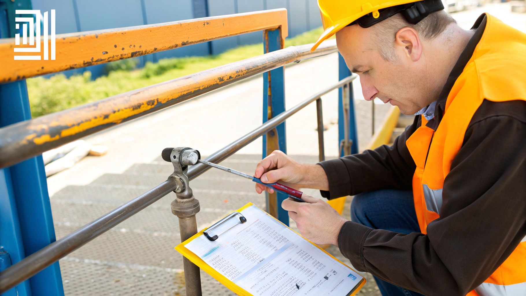 מהנדס בטיחות בודק מעקה מתכת, שעה אוחז בכלי עבודה וקלסר עם נתונים, במתחם תעשייתי.