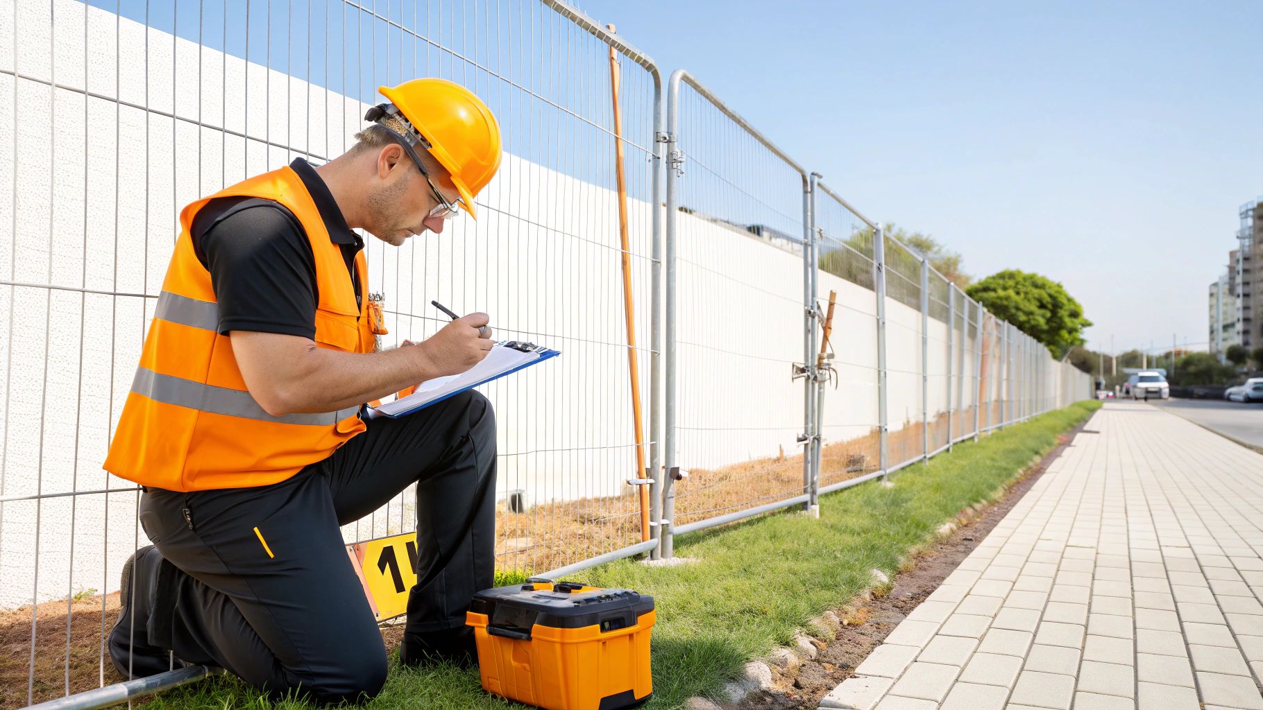 מהנדס בציוד בטיחות, כולל קסדה וווסט, בודק גדר אתר בנייה ורושם הערות על לוח.