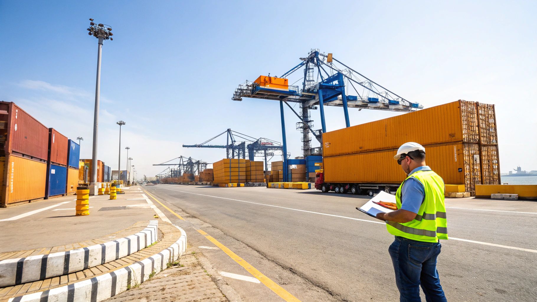 עובד בנמל בודק מסמכים עם מכולות ענק ומנופים ברקע תחת שמיים בהירים.