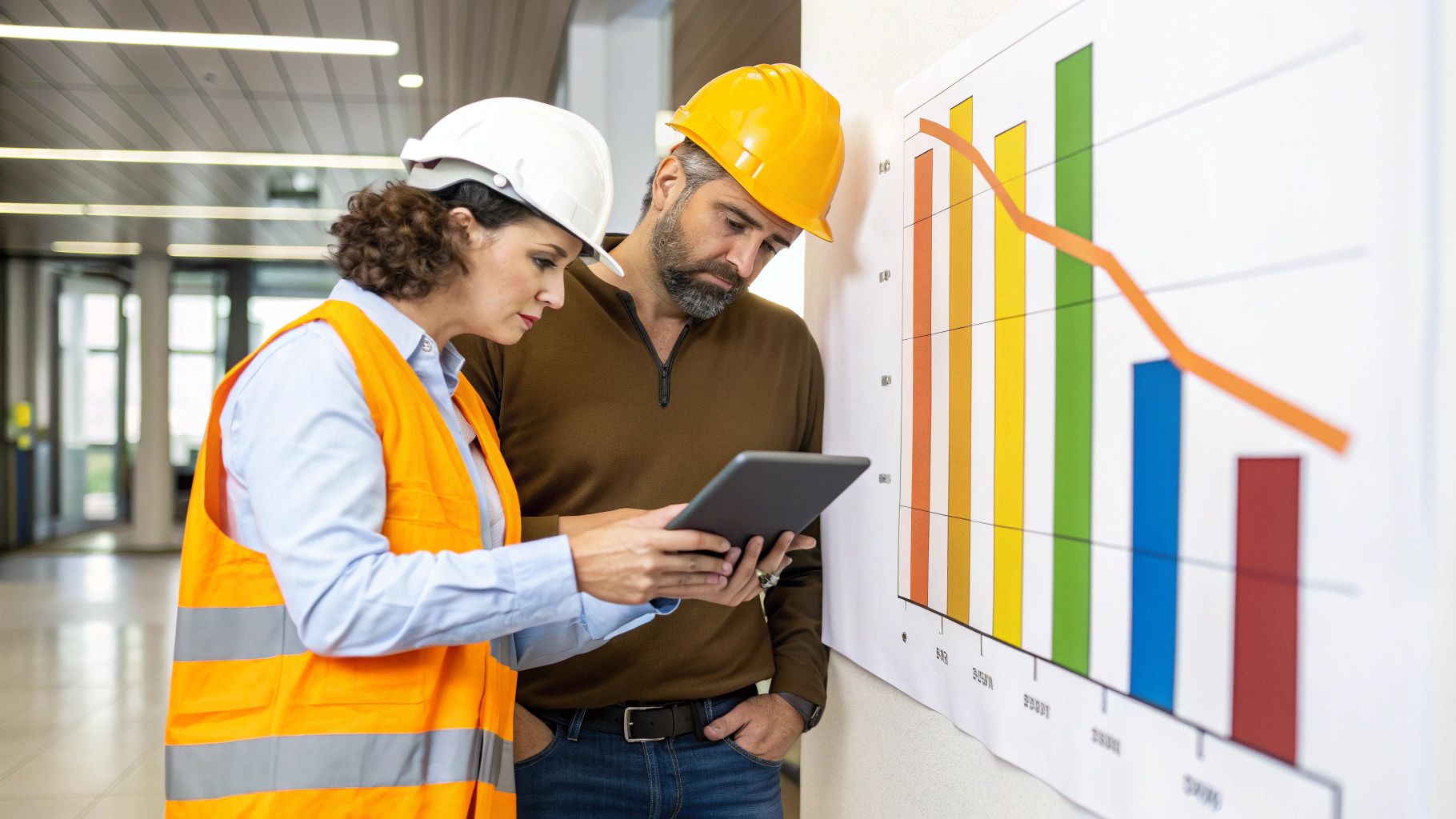 שני מהנדסים בבגדי עבודה וקסדות מציגים נתונים בטאבלט ומתייעצים ליד גרף.