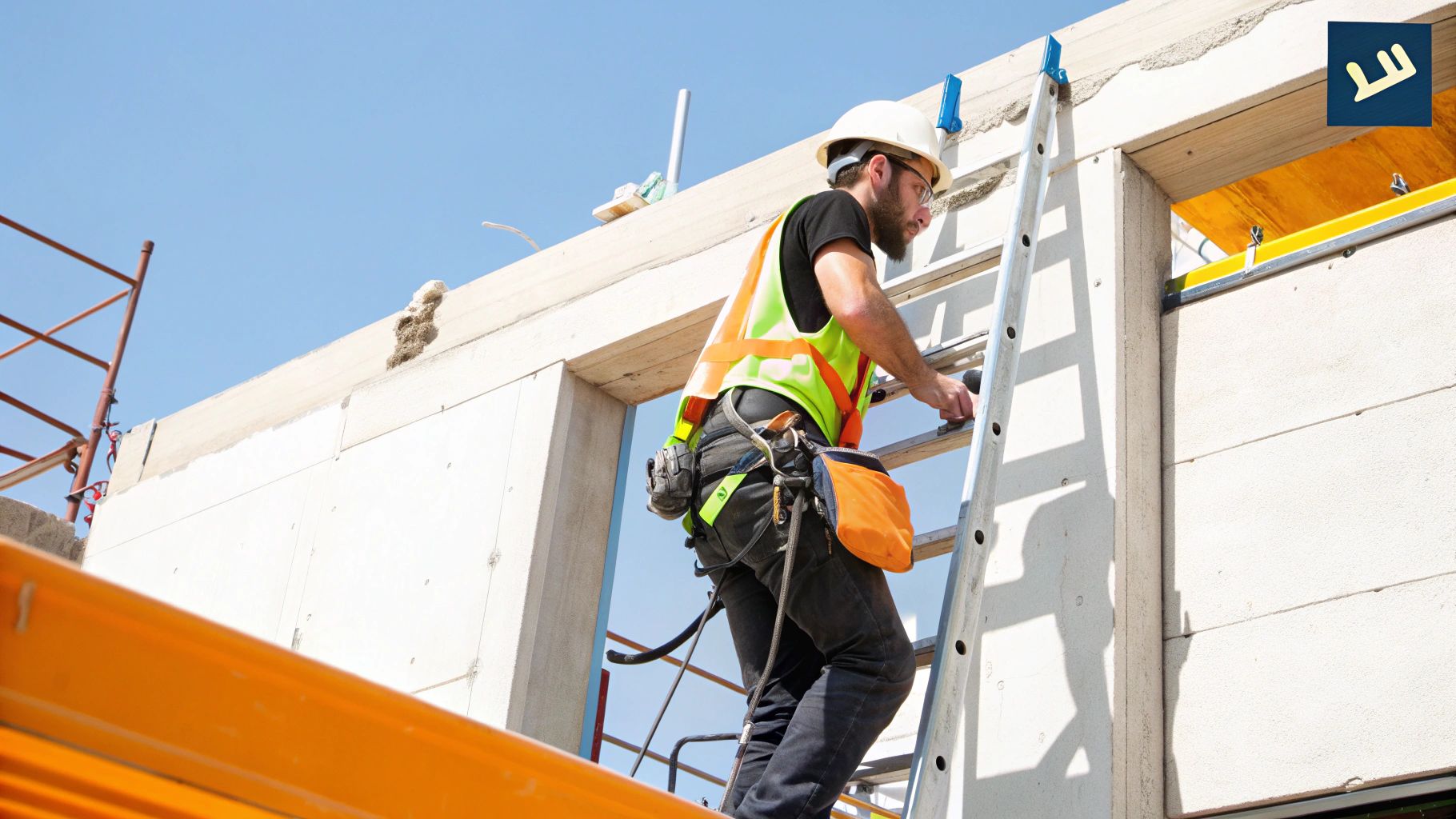 פועל בניין עם קסדה וציוד בטיחות מטפס על סולם באתר בנייה תחת שמיים בהירים.