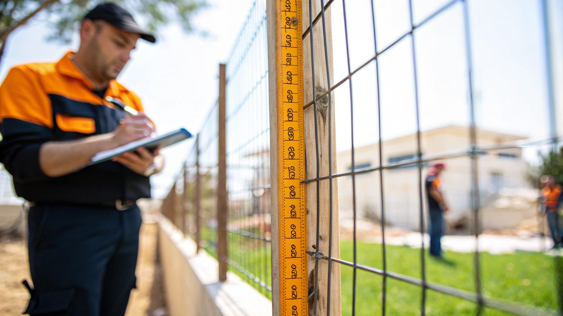 גבר במדים כותב על לוחית ליד גדר עם סרגל מדידה באתר בניה, עם עובדים נוספים ברקע.