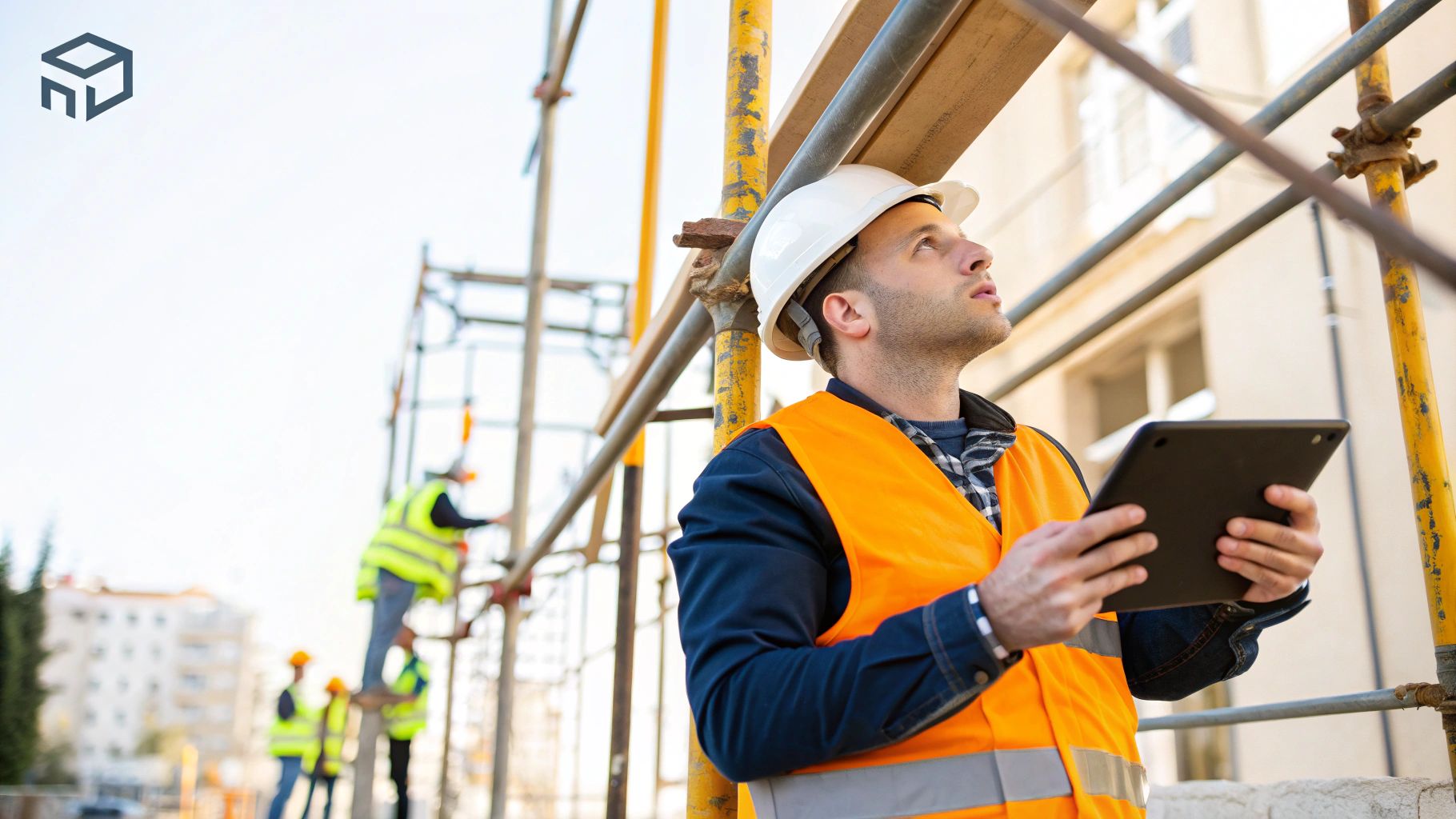 מהנדס בניין עם קסדה וווסט בטיחות, מחזיק טאבלט, בודק עבודות פיגומים באתר בנייה.