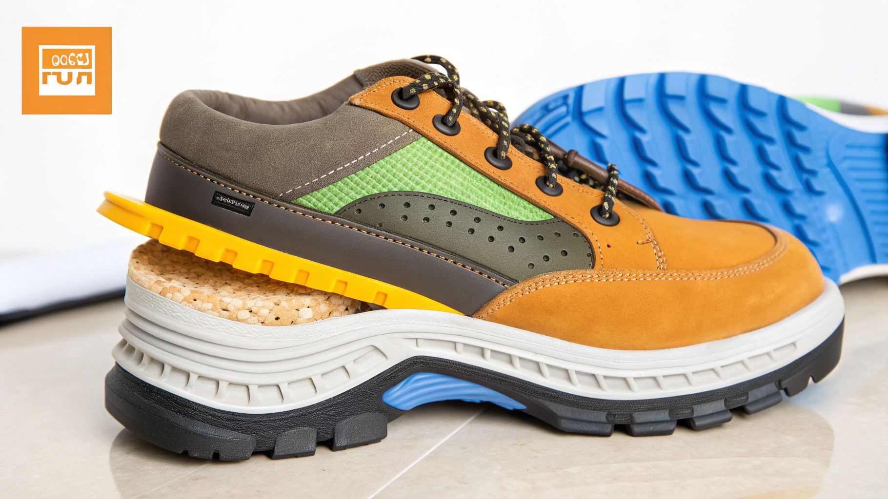 נעל עבודה חתוכה המציגה את שכבותיה הפנימיות, כולל סוליית שעם וחלקים כחולים.