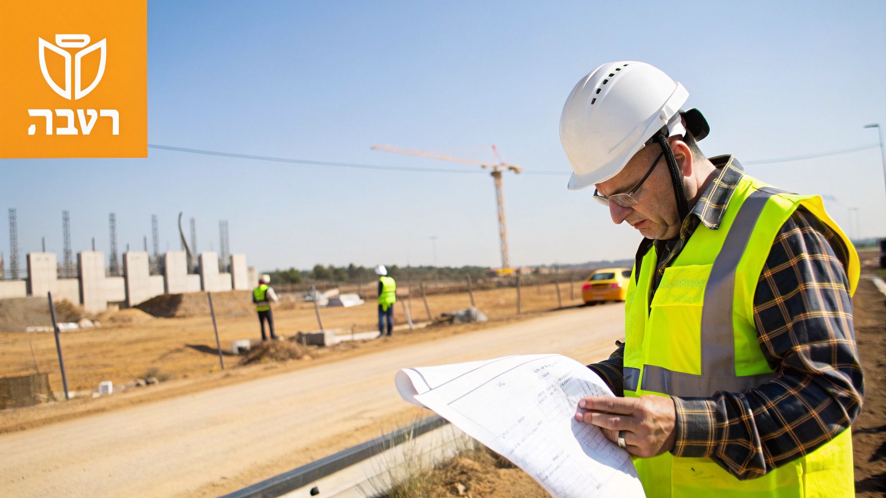 מהנדס בניין עם קסדה וסט בטיחות בודק תוכניות עבודה באתר בנייה עם עגורן ברקע.