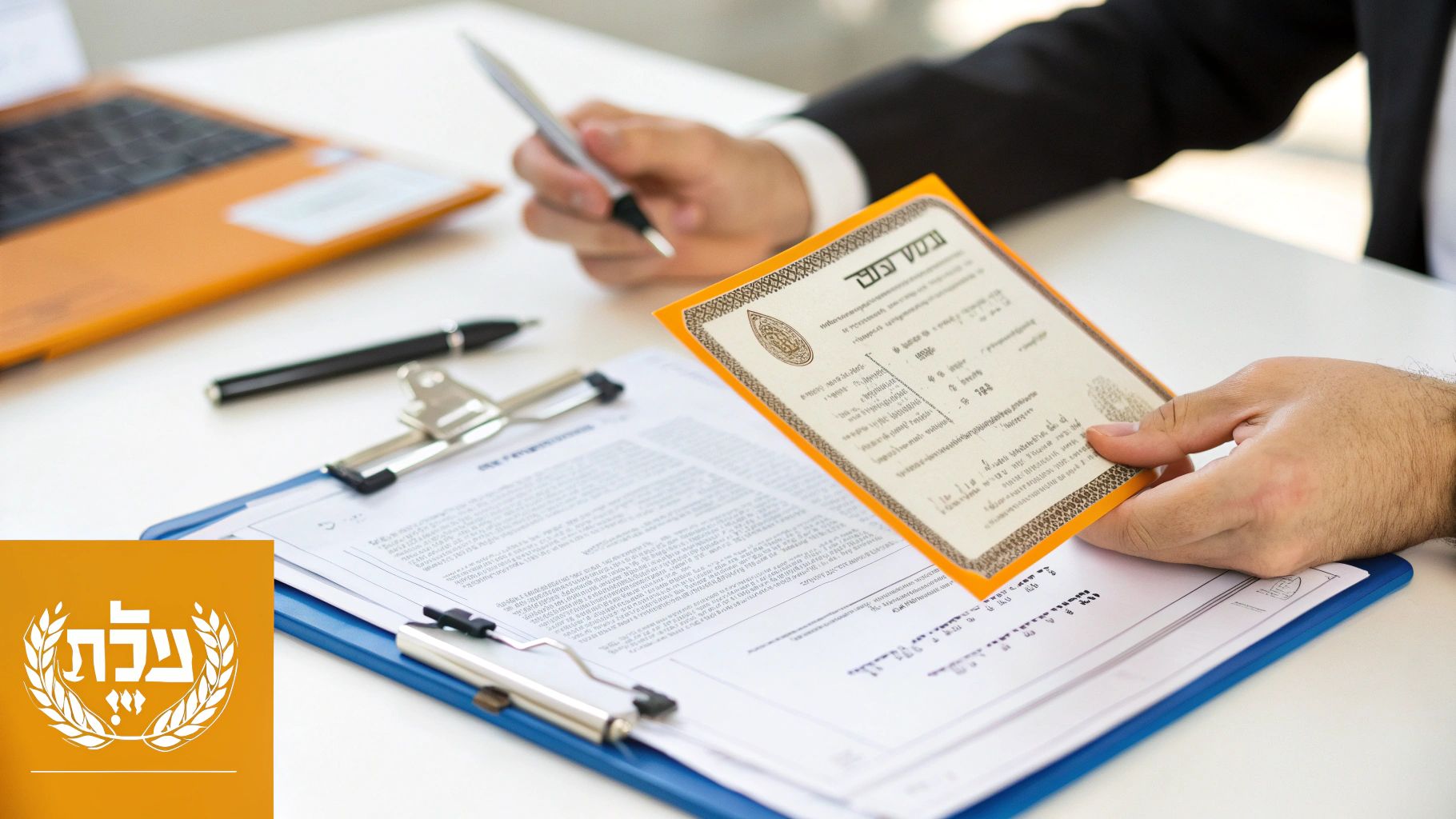 אדם בחליפה בודק מסמך רשמי עם כיתוב בעברית, יושב ליד שולחן משרדי עם מחשב נייד וקלסר. בפינה יש לוגו של 'עלם'.