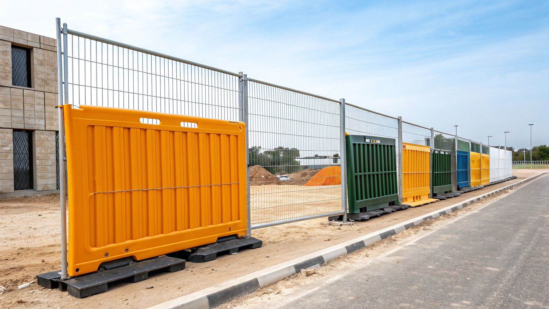 גדר מתכת לאתר בנייה עם מחסומים צבעוניים מפלסטיק בצבעים כתום, ירוק וכחול, לאורך כביש אספלט.