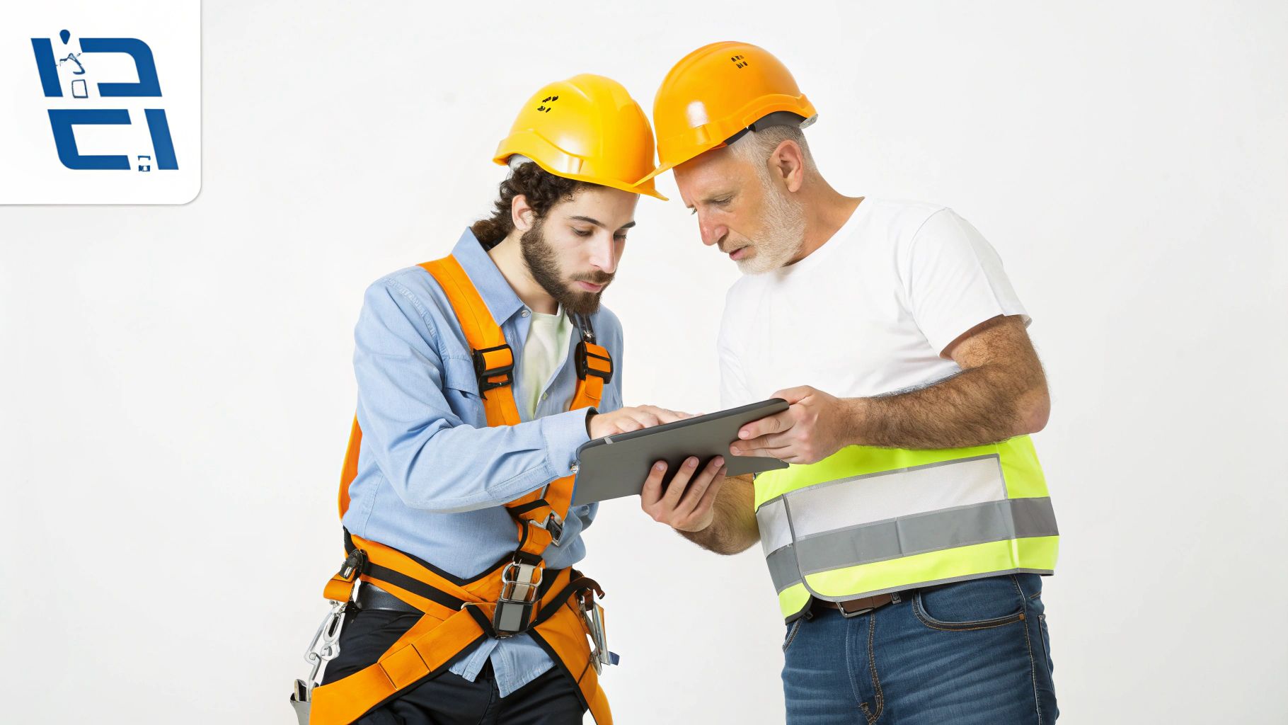 שני פועלי בניין עם קסדות בטיחות בוחנים טאבלט, כשהם לובש רתמת בטיחות.